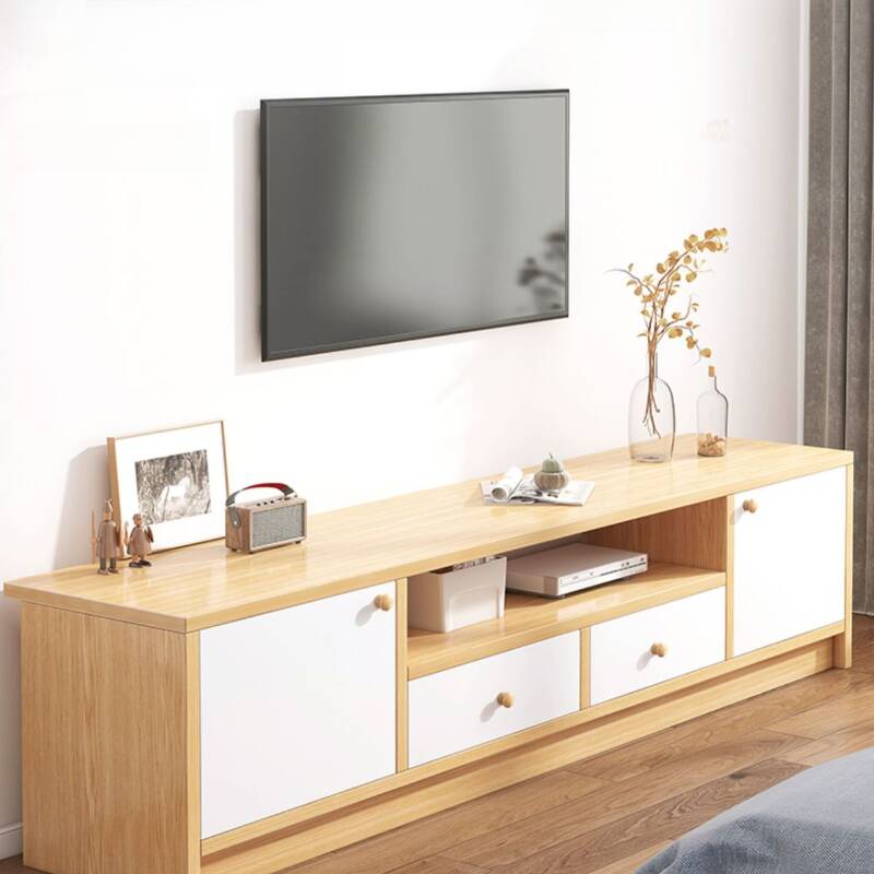 Simple Rectangular Lumber TV Stand with 2 Drawers, 2 Cabinets, and Open-air Storage