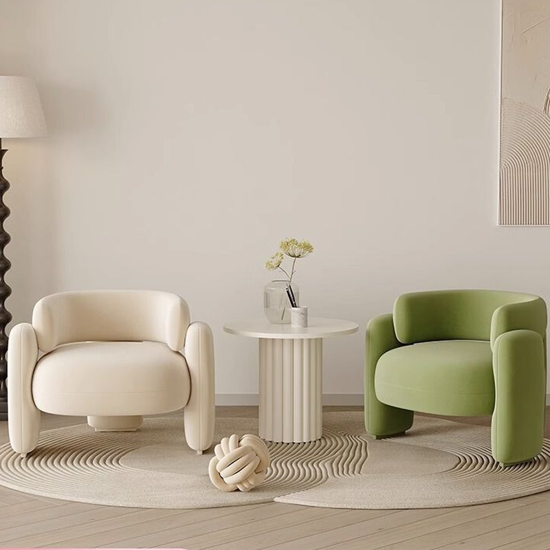 Contemporary Barrel Chair for Drawing Room with Scratch-shielded Solid Colour, Bent Back in Ivory/Green/Apricot with Armrest