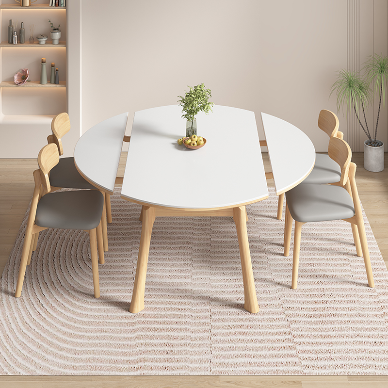 Modern White Orbicular Slate Dining Table Set with 4 Legs, Detachable Leaf, Separable