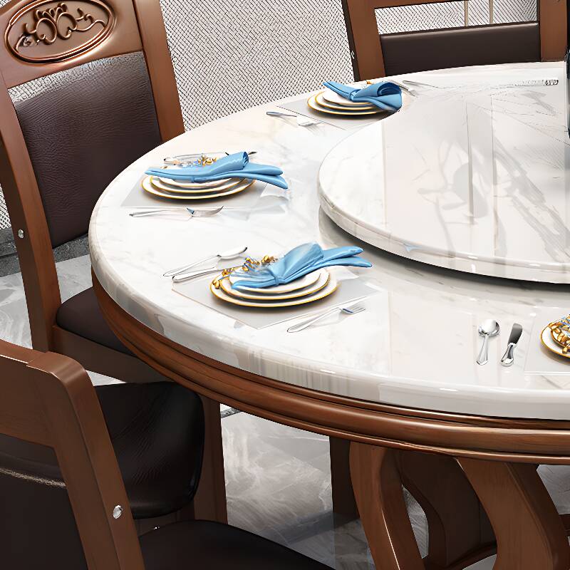 Rounded Marble Dining Table Set with Multicolour Top and Stump Base, Cushion Chair with Back