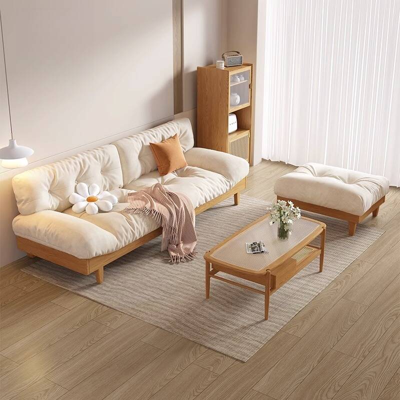 Nordic Ivory Standard Sofa with Natural Wood and Armrest