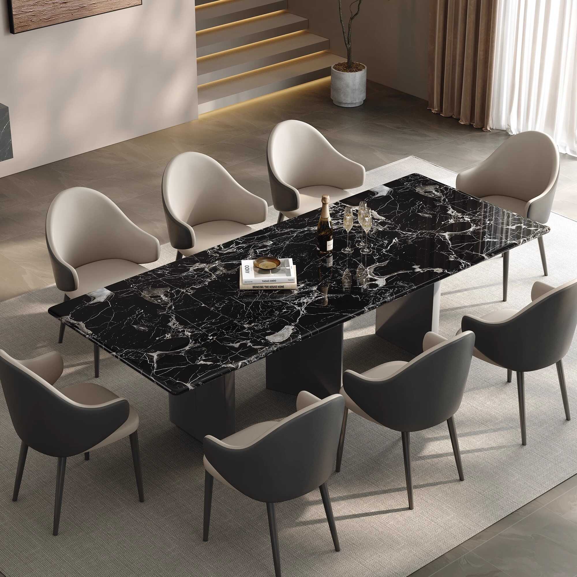 Slate Stone Dining Table Set with Dual Footing, Upholstered Back, Cushion Chair, Arms, and Midnight Black Top