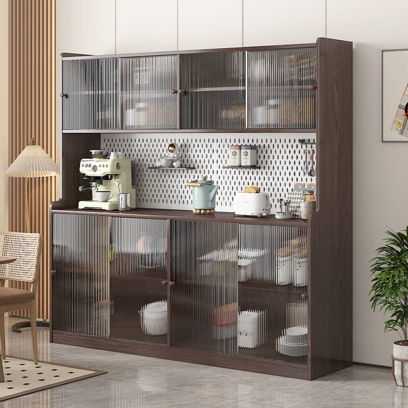 Modern Light to Coffee Wood Sideboard with Cupboard, 1 Shelf, Larder Storage, Lumber Countertop, and 8 Doors