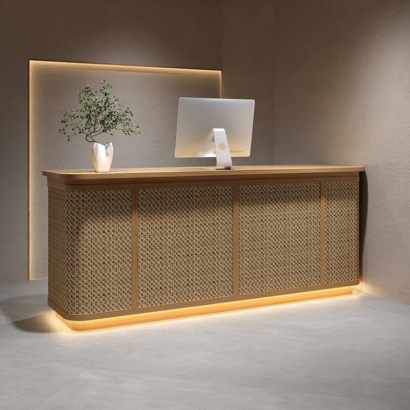Impact Resistant Tan/Natural Solid Wood Top Rattan Reception Desk with Filing Cabinet, Locker and Lockable Drawer for 1 Person, 2 Cabinets Included