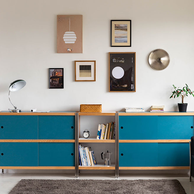 Casual Buffet Table with Cupboard, 1 Shelf, Lumber Countertop, 4 Doors, and Larder Storage