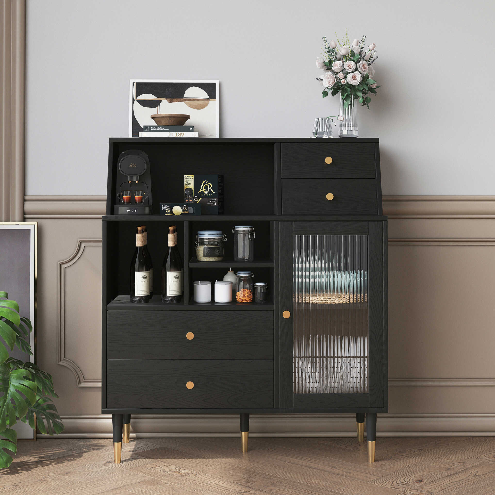 Art Deco Sideboard/Kitchen Storage Cabinet with 4 Drawers/2 Drawers, Closet, Narrow Size, 4 Shelves/3 Shelves, Drawers Storage, Glass Doors