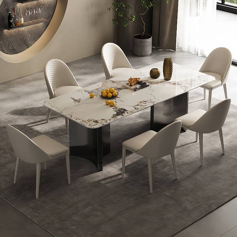 Casual Chalk Rectangle Dining Table Set with Stone Tabletop and Dual Footing