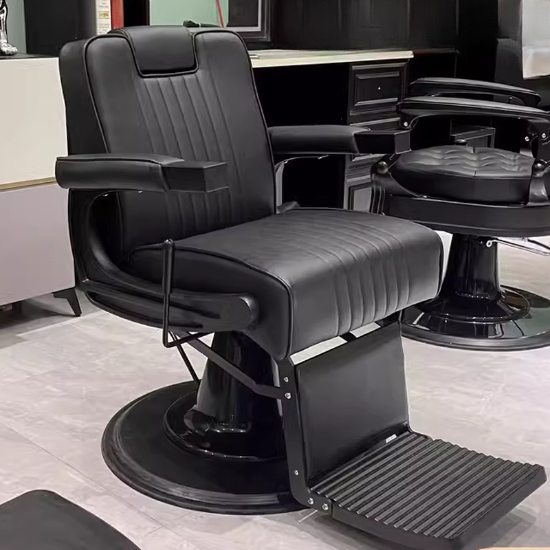 L-Shape Striped Upholstered Leather Damp-proof Barber Chair with Manual Recline