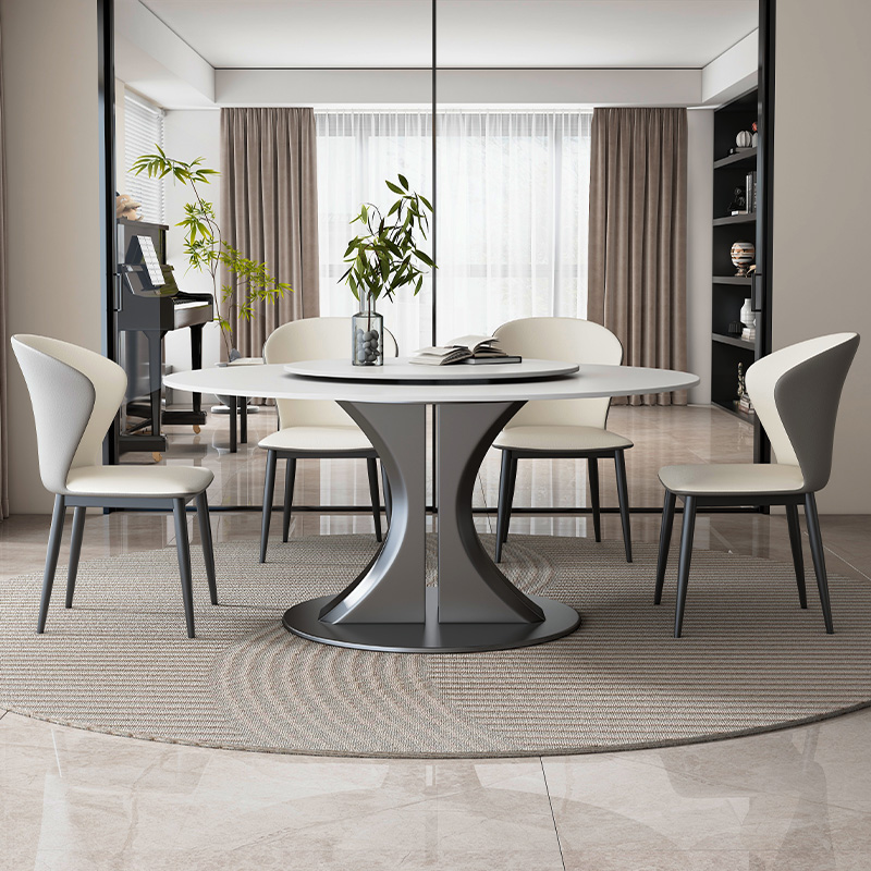 White Orbicular Sintered Stone Dining Table Set with Pedestal, Back Support, and Padded Chair