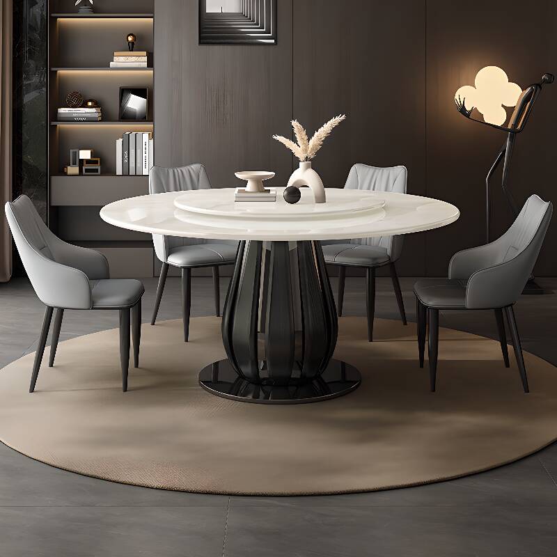 Contemporary Circular Marble Top Dining Table in White, Standard Height, with Lazy Susan, for 4 to 6 People