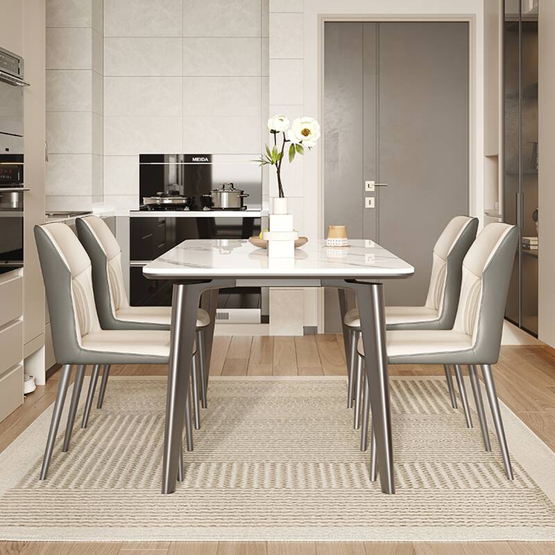 White Stone Fixed Dining Table Set with 4 Legs and Imperforate Back Cushion Chair