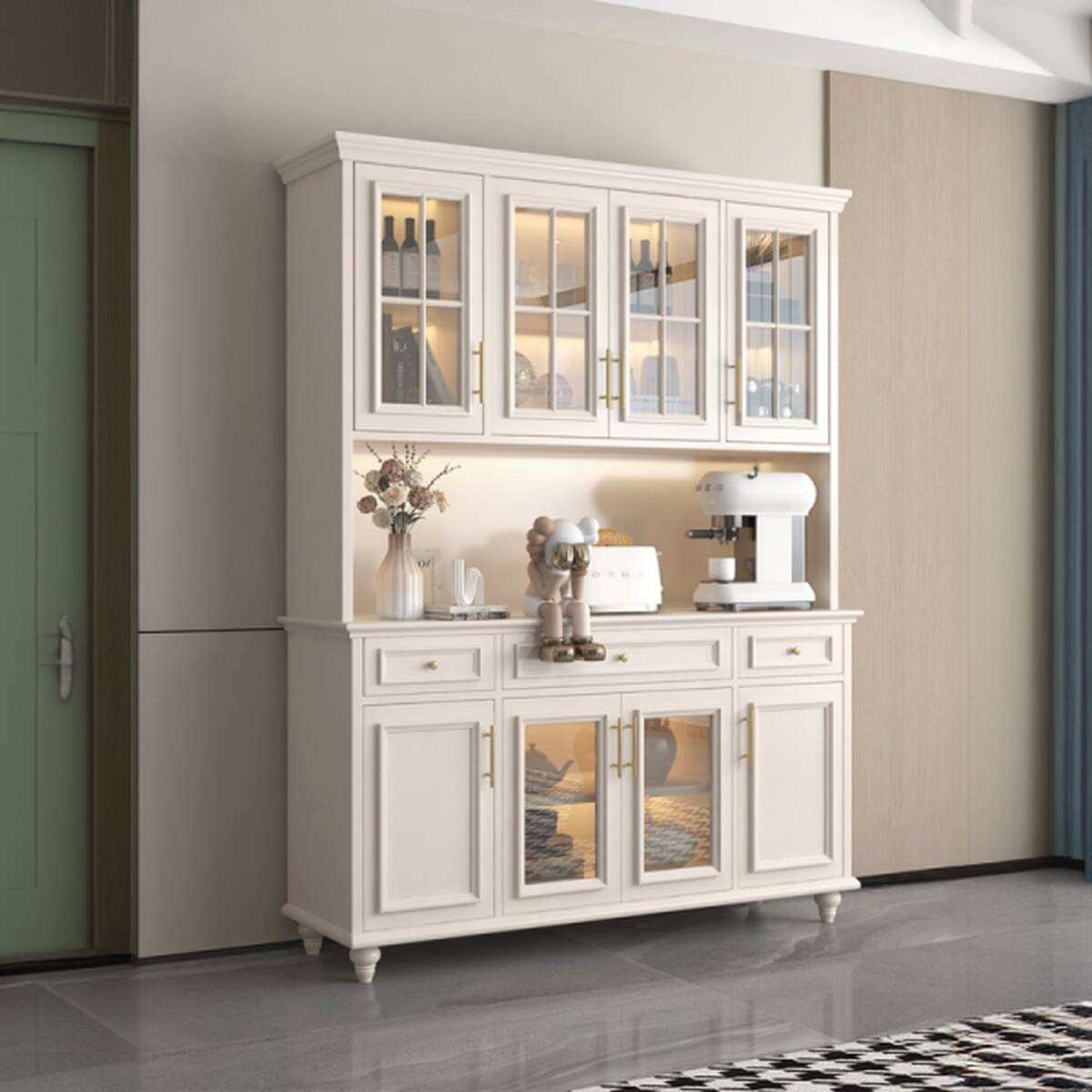 White Glamorous Microwave Shelf Cabinet with 3 Drawers, Standard/Narrow, 1 Exterior Shelf, Kitchen Cupboards, Glass Doors