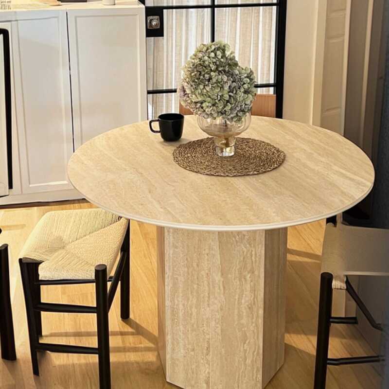 Contemporary Circular Dining Table with Slate Stone Top in Sand, Standard Height, Fixed Mechanism, Suitable for 2 or 4