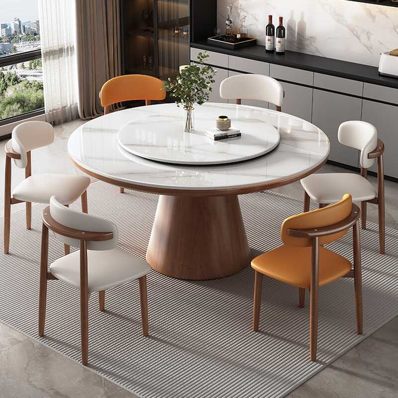 Orbicular Slate Stone Dining Table Set with Pedestal Base, Upholstered Back, White Top, Rotatable