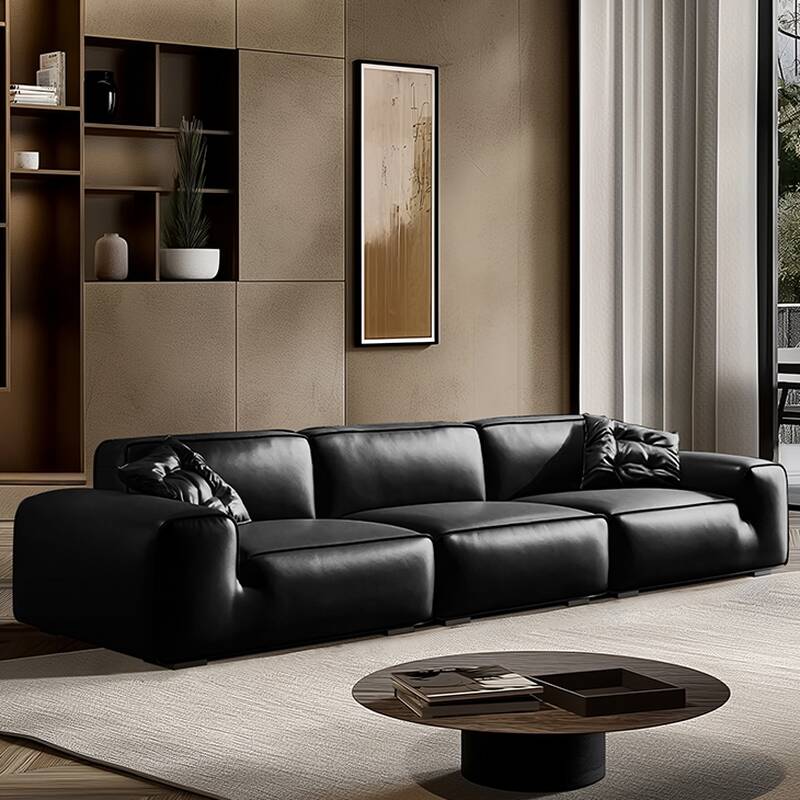 Nordic Black Genuine Leather Upholstered Sofa Couch/Loveseat with Arms and Back