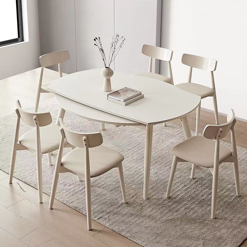 Modish Circular White Collapsible Stone Dining Table with Retractable Leaf for Seats 4/6 People