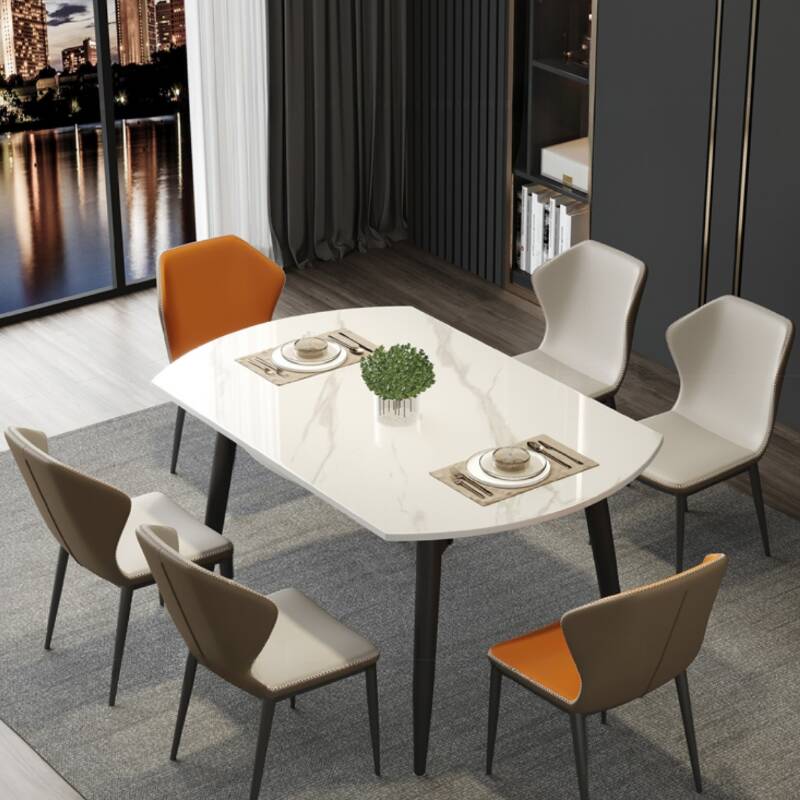 Modern Simple Style Circular Dining Table with Slate Stone Top, White Colour, Retractable Leaf Mechanism, Seats 4 to 6, and Collapsible