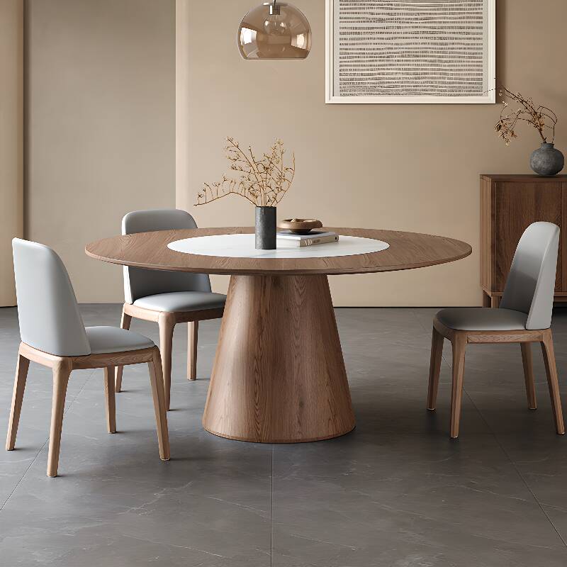 Elegant Circular-shaped Dining Table Set with Solid Wood Top, Stump Base, Solid Back Panel Chairs, Cushioned Seating, in Brown