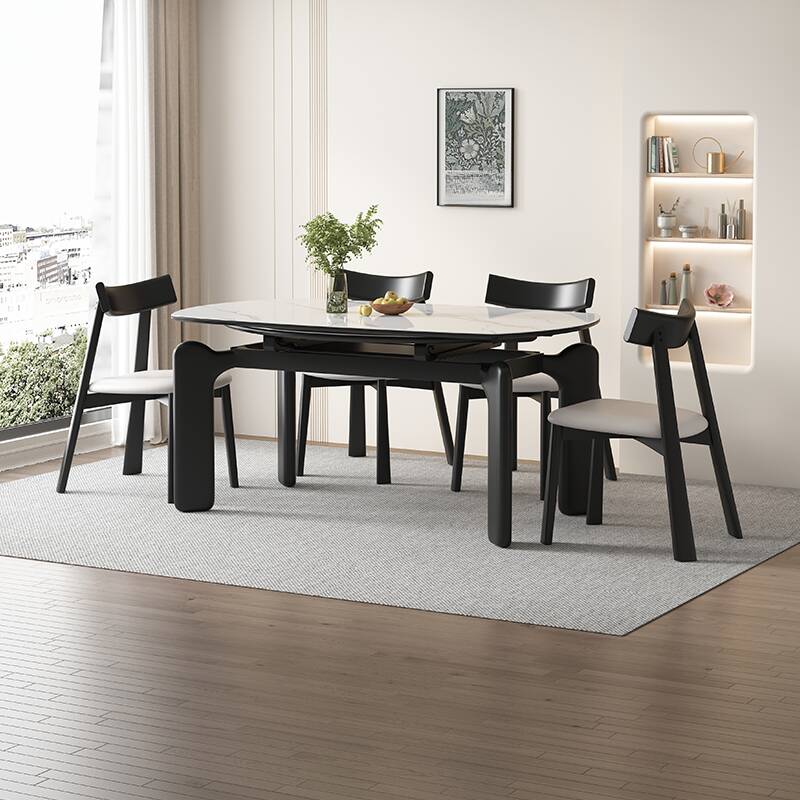 Orbicular Sintered Stone Dining Table Set with Chalk Tabletop and Table Flap, Cushion Chair with Back