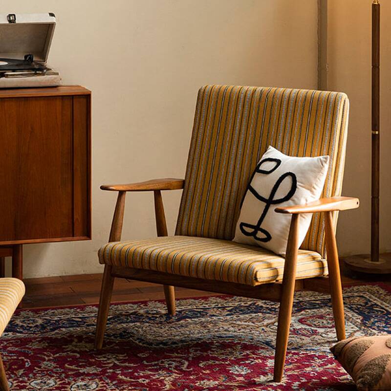 Simplistic Striped Yellow Accent Chair with Tight Back and Armrest