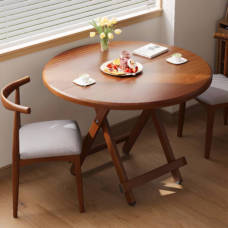 Modern Simple Style Circular Dining Table in Cocoa/Natural Finish with Reclaimed Wood, Pop Up Mechanism, Seats 2, and Collapsible