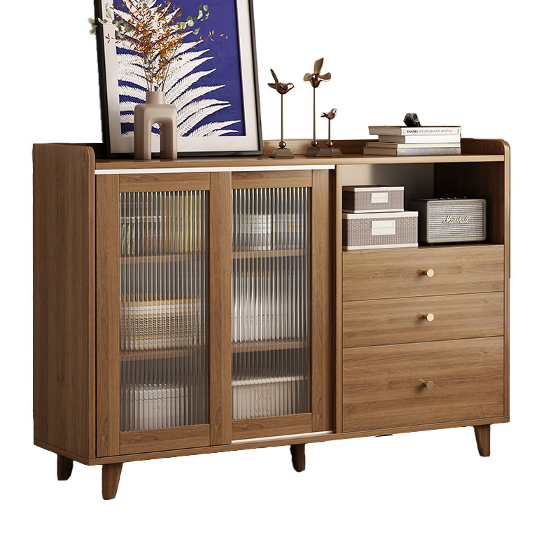 Cocoa Simplistic Sideboard with 3 Drawers, Narrow Size, 1 Shelf, Laminate Countertop, and Sliding Doors