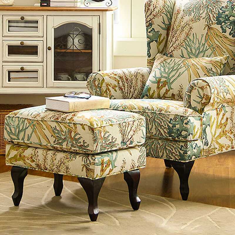 Tropical Yellow/Blue Floral Pattern/Toile Foam Accent Chair with Fixed Back, Arms and Pillow