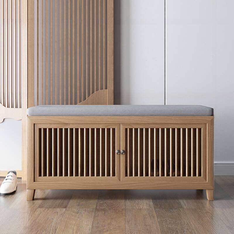 Modish Natural Wood Solid Colour Accent Bench with Locker Storage and Upholstery