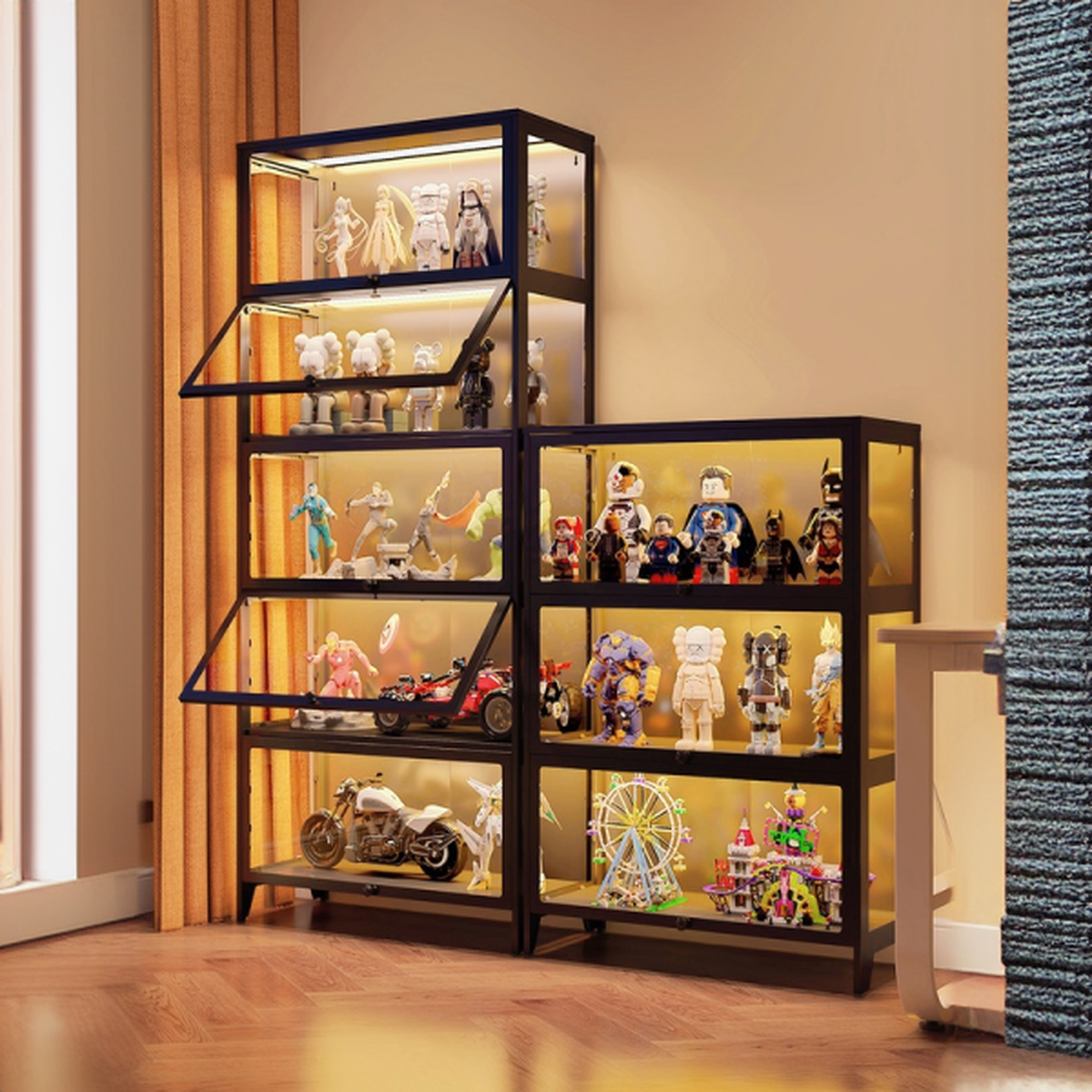 Art Deco Glass Cubitac Curio Cabinet with Adjustable Shelves and Lighting System