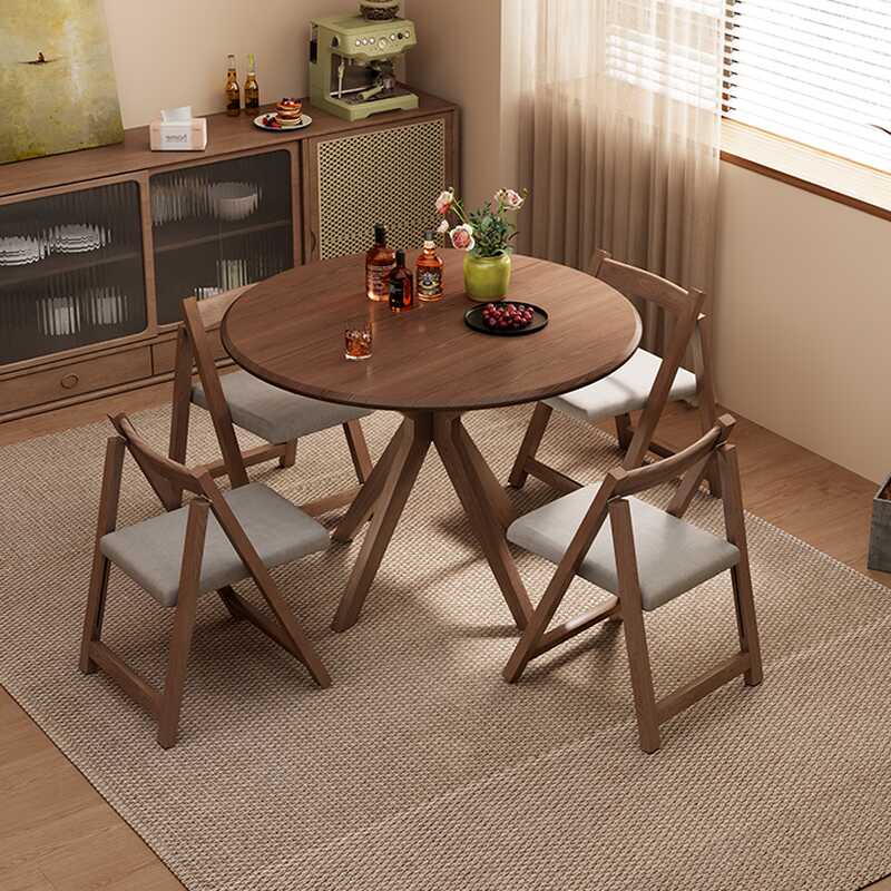 Simplistic Circular Extendable Table with Natural Wood and Auburn Top, Extendable Leaf Mechanism