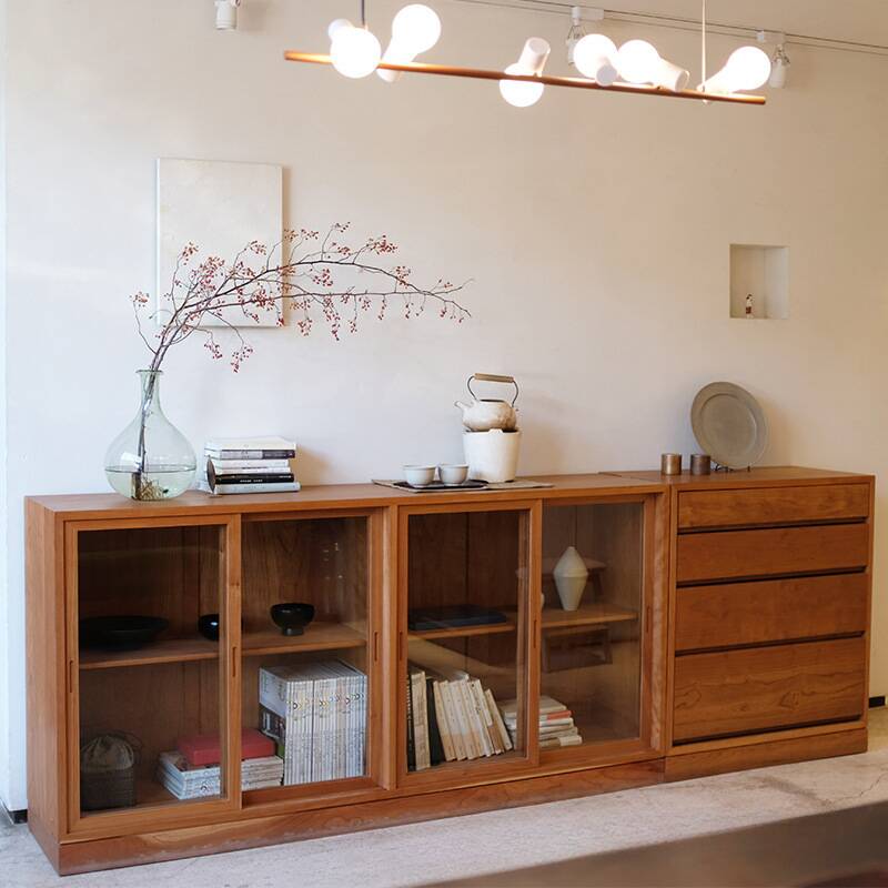 Wood Colour Timber Standard Sideboard with Sliding Doors, 2 Shelves, Locker, and Larder Storage