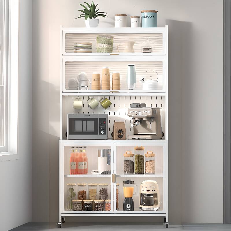 Narrow Alloy Countertop Sideboard with Caster Wheels, Closet, Glass Doors, and Changeable Shelf