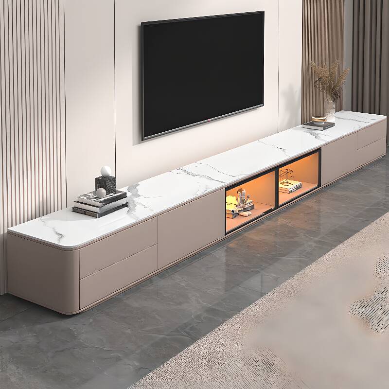 Ecru Trendy Sintered Stone Rectangle TV Stand with 4 Drawers, Locker, and Cable Management