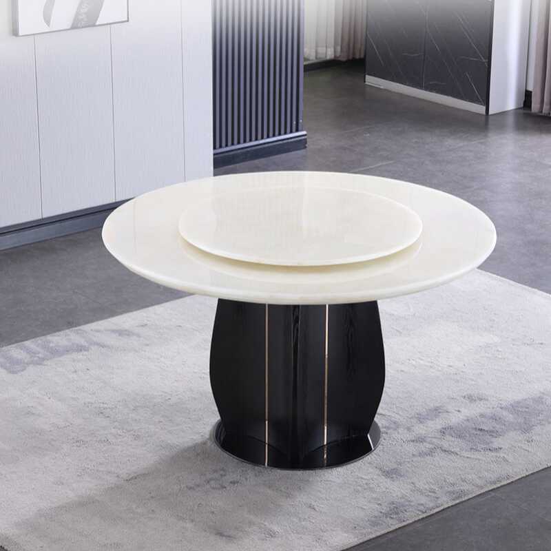 Elegant Circular-shaped Dining Table Set with Genuine Marble Top, Stump Base, Solid Back Panel Cushion Chairs for 6/4 People