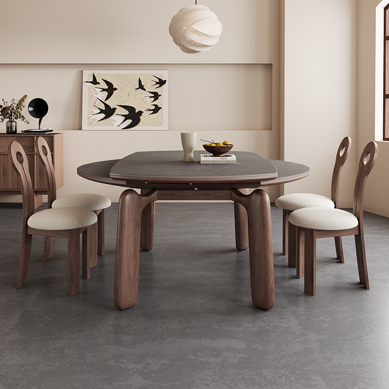 Simple Circular Slate Dining Table with Dove Grey Top and Extendable Concealed Leaf