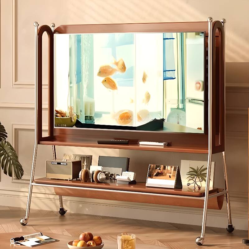 Modern Simple Style Rectangular TV Stand with Swivel Wheels and 2 Exterior Shelves