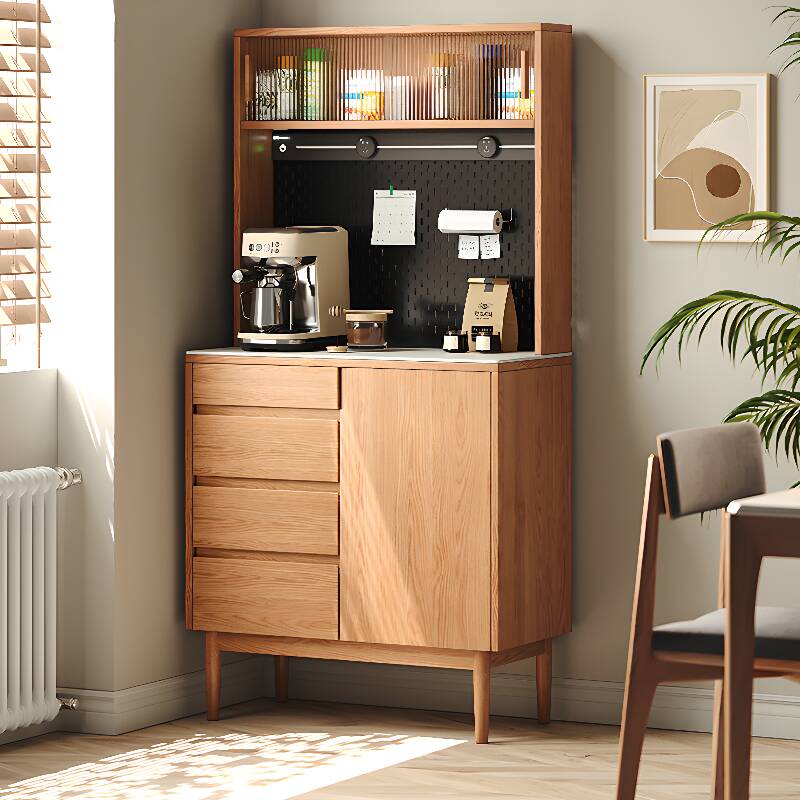 Natural Finish Server with 4 Drawers, Closet Cabinet, Narrow Size, Stone Countertop, Sliding Doors, and Changeable Shelf