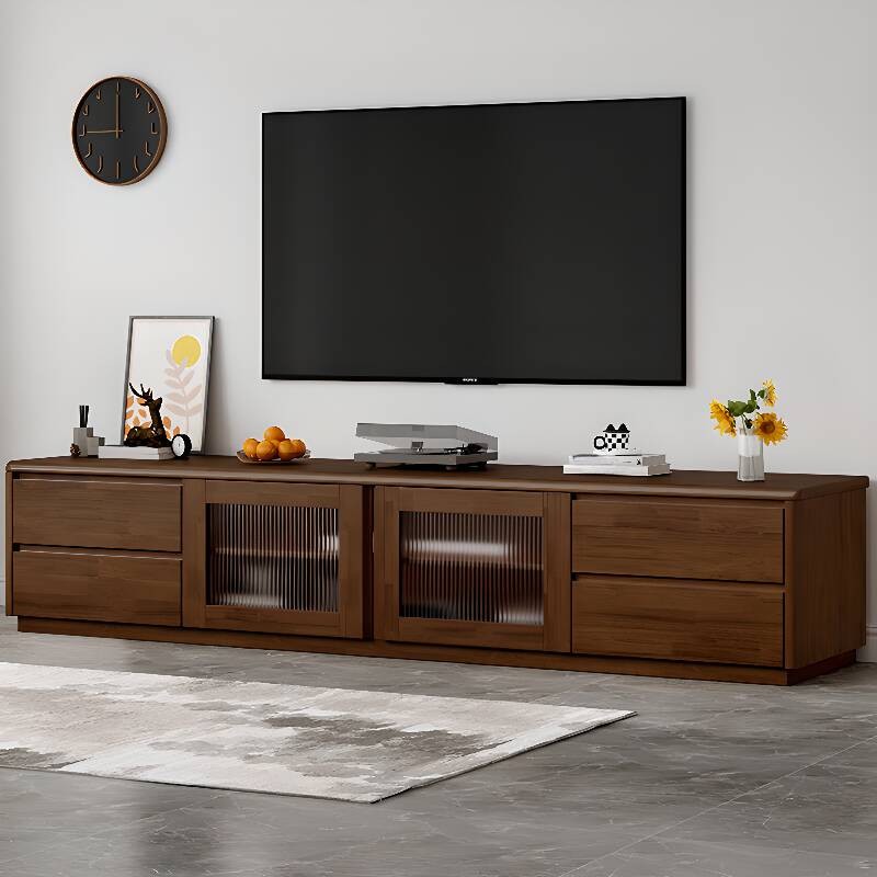 Simplistic Natural Wood Rectangular TV Stand with Shelf, 4 Drawers, Cabinet, and Cable Management