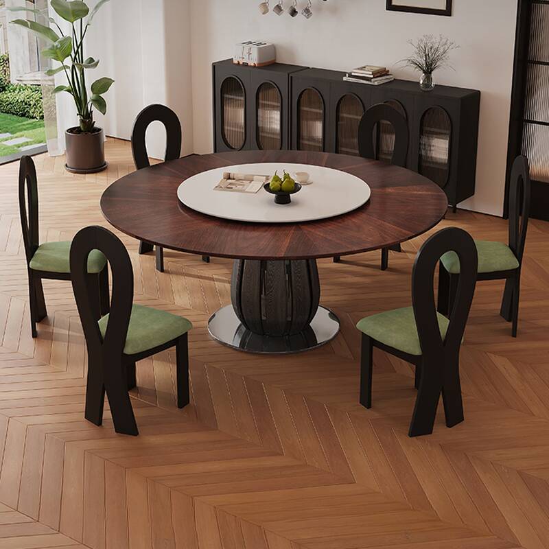 Simplistic Circular-shaped Dining Table with Natural Wood Top, Lazy Susan Mechanism, Auburn Colour