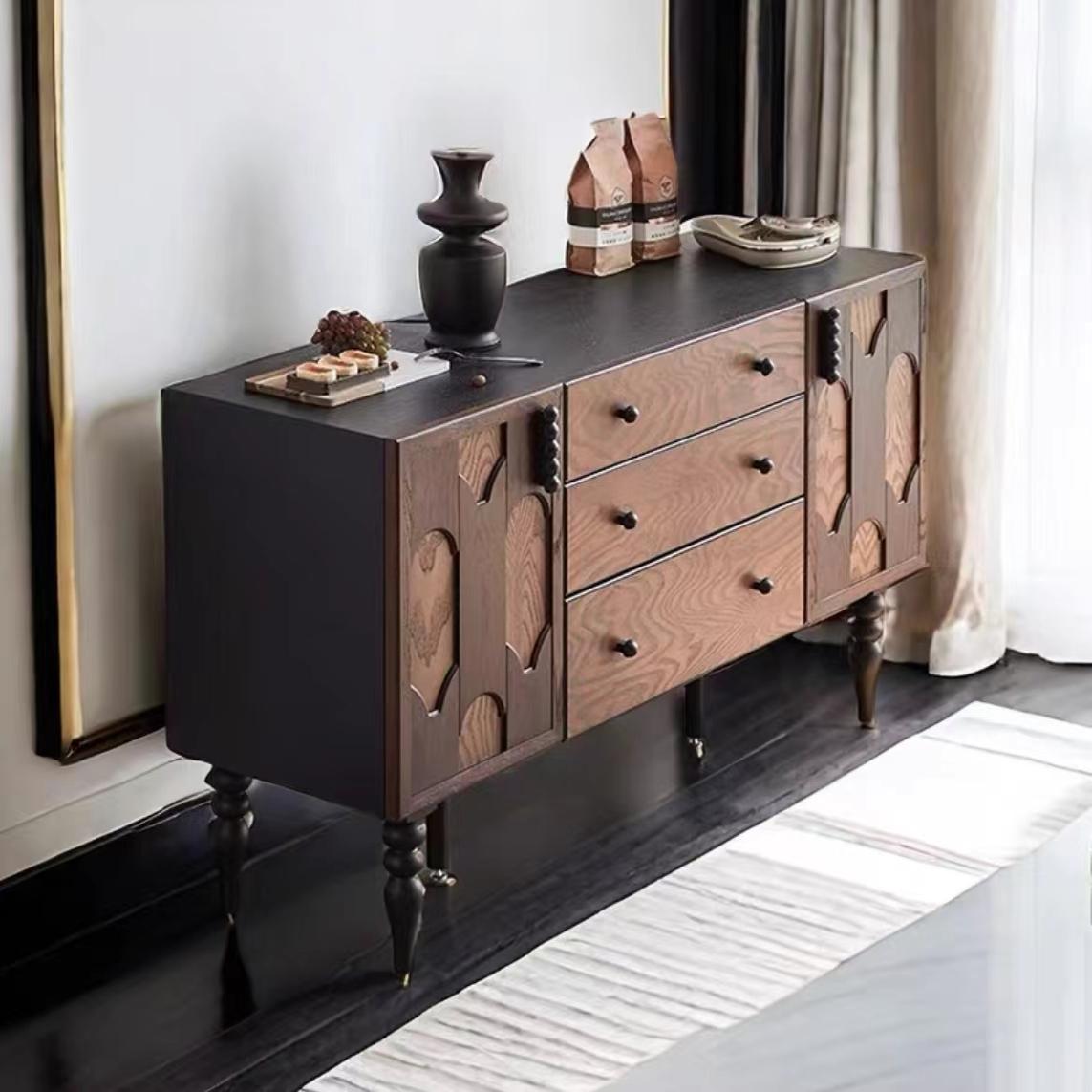 Traditional Standard Sideboard with 3 Drawers, Closet, Two Internal Shelves, Natural Wood Countertop, and 2 Doors