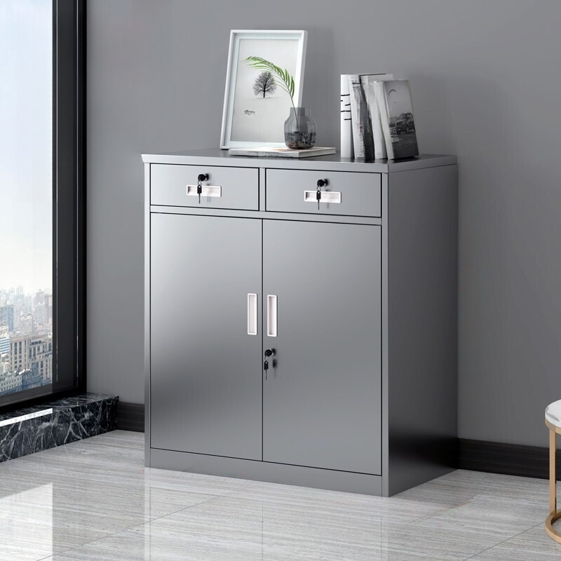 Metallic Modern Stainless Steel Vertical Filing Cabinet: Flameproof, 1 Shelf, Soft Close, Key Lock
