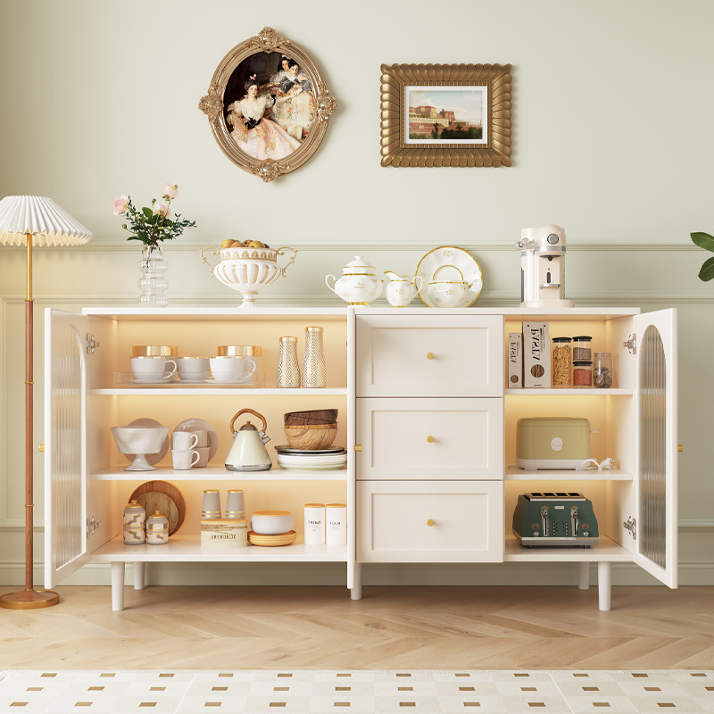 Chalk Standard Sideboard with Closet, 1 Shelf, Kitchen Cupboards, Manufactured Wood Countertop, and 3 Doors/2 Doors