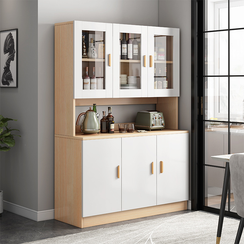 Simplistic Narrow Server with Closet Cabinet, 1 Exterior Shelf, Visible Storage, Solid+Engineered Wood Countertop, and Glass Doors