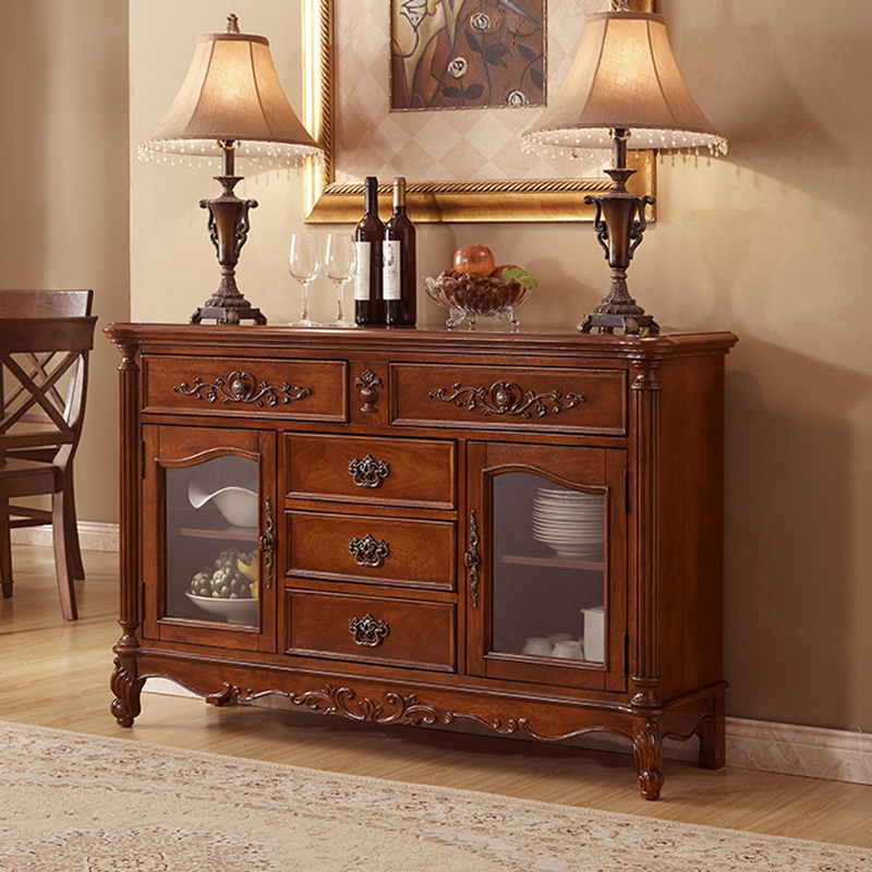 Light Brown Steampunk Wooden Sideboard with 5 Drawers and 2 Doors