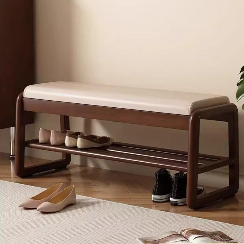 Modish Natural Wood Solid Colour Shoe Bench with Locker Storage and Upholstered Design