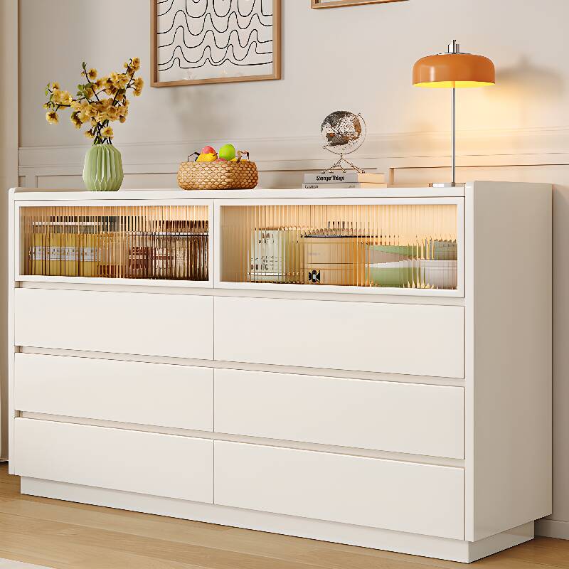 Chalk Sideboard with Multiple Drawers, Closet Cabinet, Standard Size, Single Shelf, Lumber Countertop, and Glass Doors