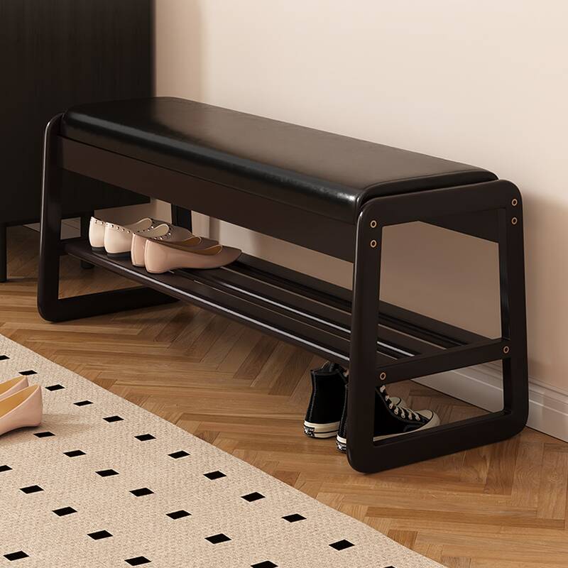 Rectangular Shoe Bench with Midnight Black/Green/Ivory Upholstery and Storage Shelves