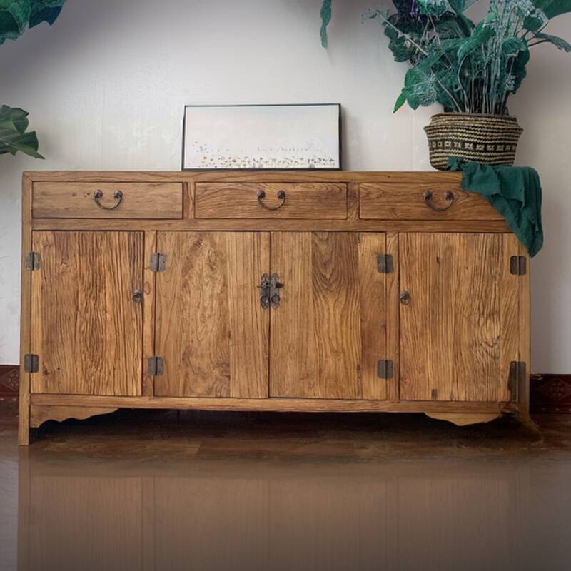 Wood Grain Euro Style Sideboard with 3 Drawers, Closet, Standard Size, Two Internal Shelves, and 4 Doors