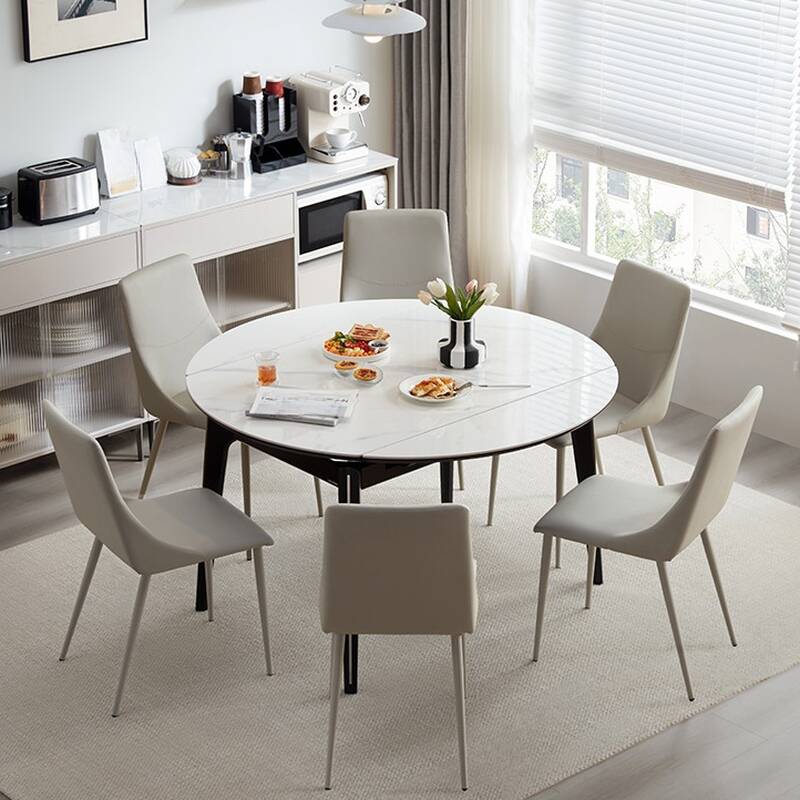 Simplistic Circular Dining Table with Stone Top, Fixed/Concealed Leaf, Extendable