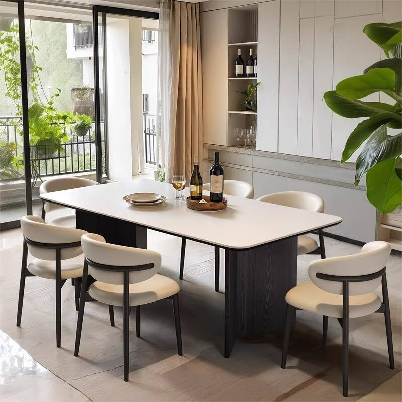 Simple Rectangular Slate Dining Table with White Top, Fixed Mechanism